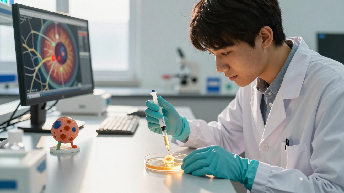 Wissenschaftler im Labor untersucht Auge in Petrischale mit Pipette neben Computermonitor mit Augenmodell.