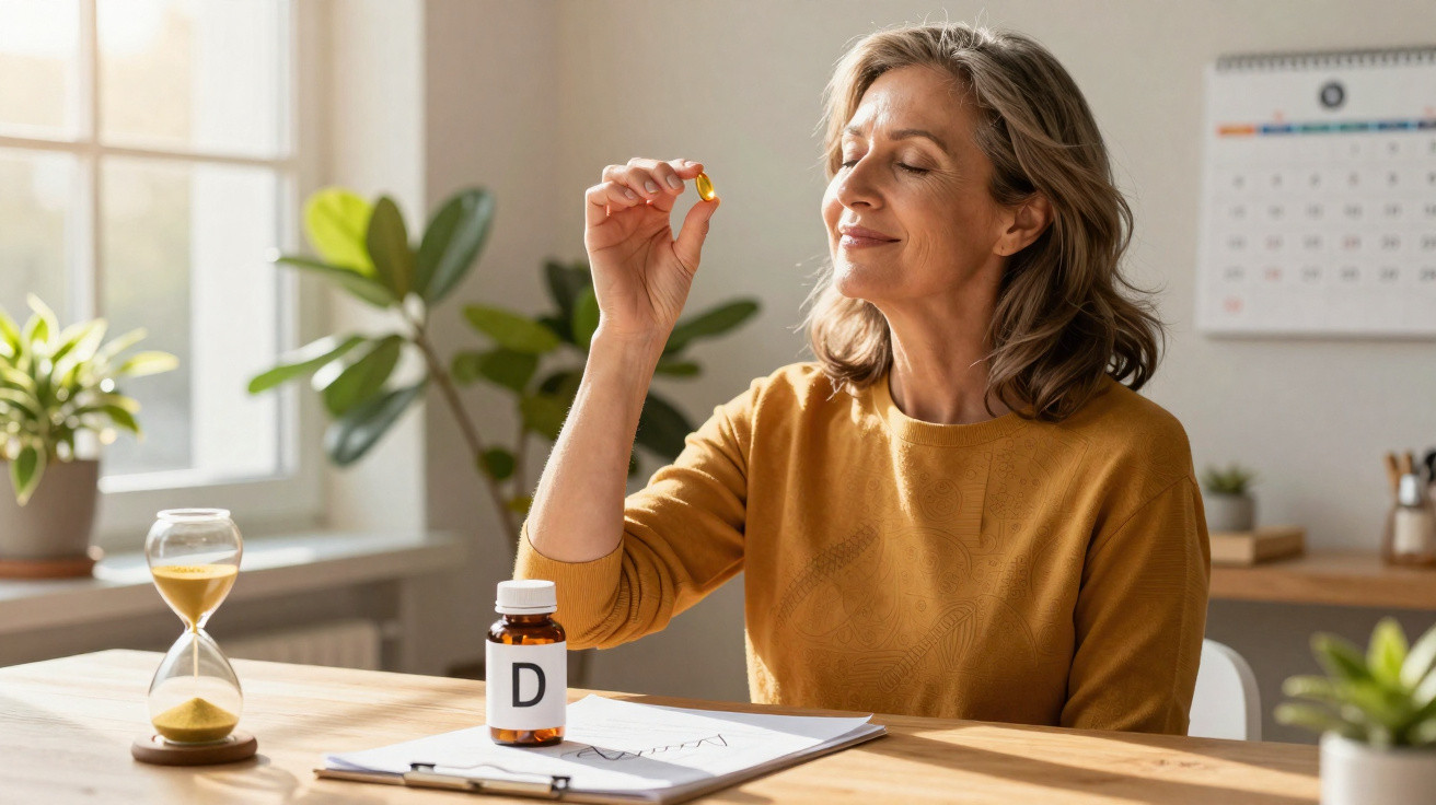 Frau hält Vitamin-D-Kapsel vor Gesicht, sitzend am Tisch mit Pflanzen und Kalender im Hintergrund.