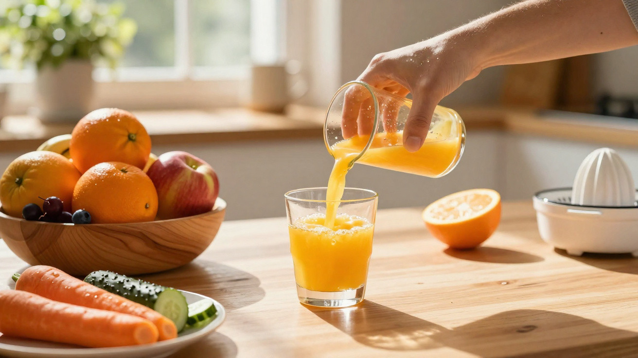 Hand gießt frisch gepressten Orangensaft in ein Glas auf einem sonnendurchfluteten Küchentisch.