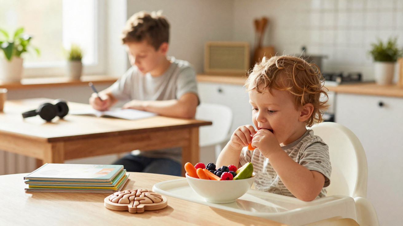 Kleines Kind isst Gemüse und Beeren am Tisch, älterer Junge macht Hausaufgaben im Hintergrund.