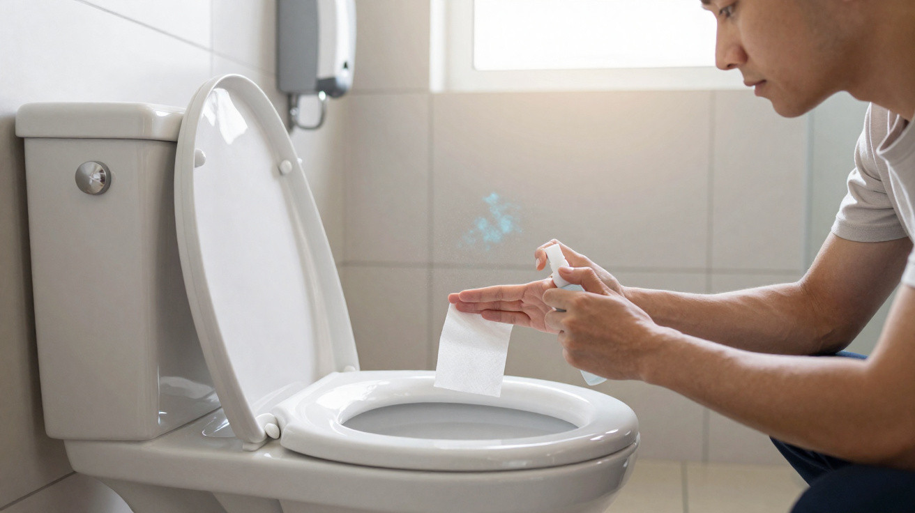 Mann sprüht Desinfektionsmittel auf Toilettenpapier vor einem offenen WC in einem hellen Badezimmer.