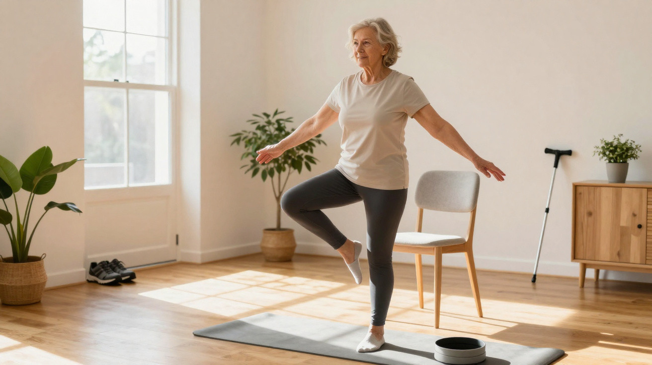 Ältere Frau macht Balance-Übung auf Yogamatte in hellem Zimmer mit Stuhl und Pflanzen.