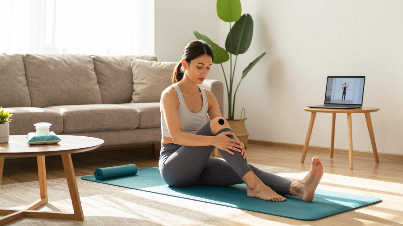 Frau auf Yogamatte hält ihr schmerzendes Knie, Laptop mit Trainingsvideo im Wohnzimmer im Hintergrund.