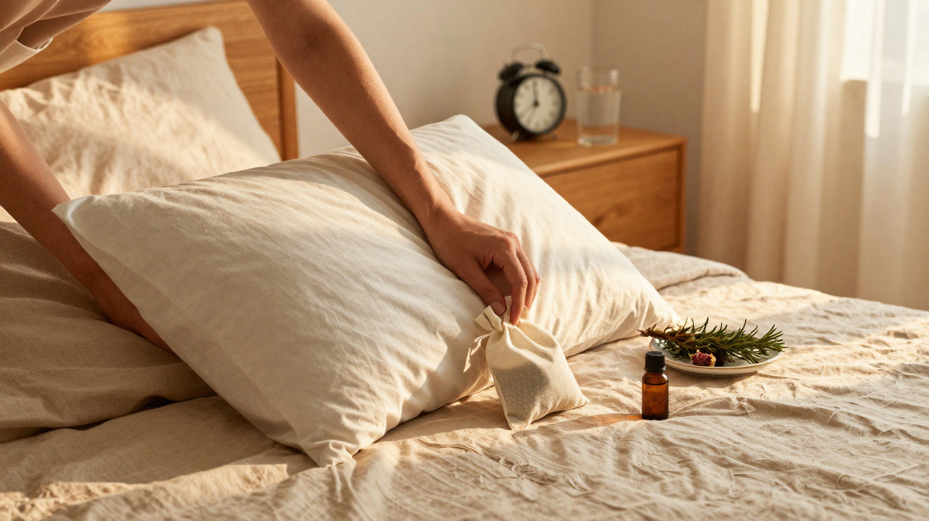 Hand legt Beutel mit getrockneten Kräutern auf ein Bettkissen in einem sonnendurchfluteten Schlafzimmer.