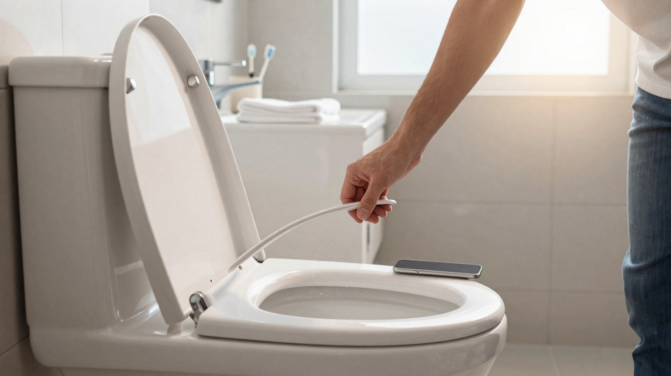 Person reinigt Toilettenrinne mit Rohrreinigungsspirale in modernem Badezimmer