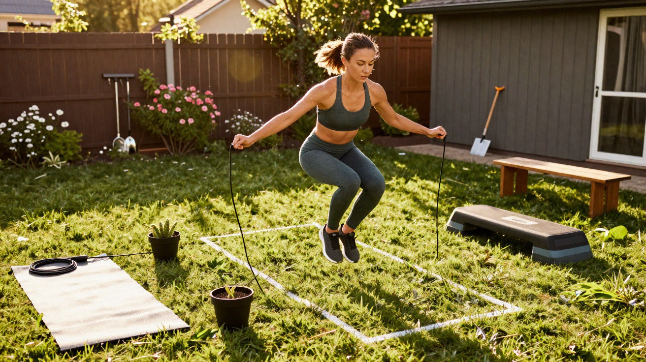 Frau macht im Garten mit Springseil und Fitnessmatte ein Workout bei Sonnenschein.