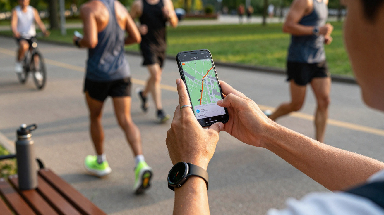 Person hält Smartphone mit Lauf-App, im Hintergrund joggen mehrere Läufer auf einem Parkweg.
