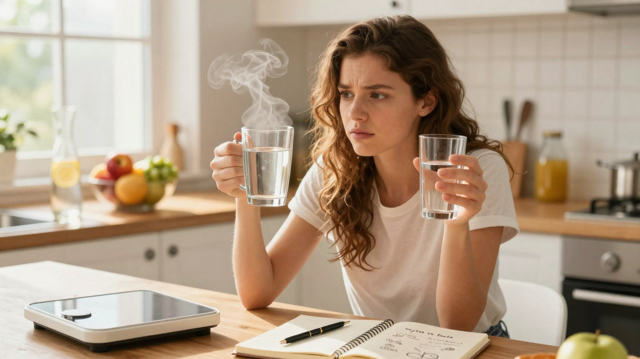 Frau vergleicht dampfendes heißes Wasser mit kaltem Wasser in zwei Gläsern in der Küche.