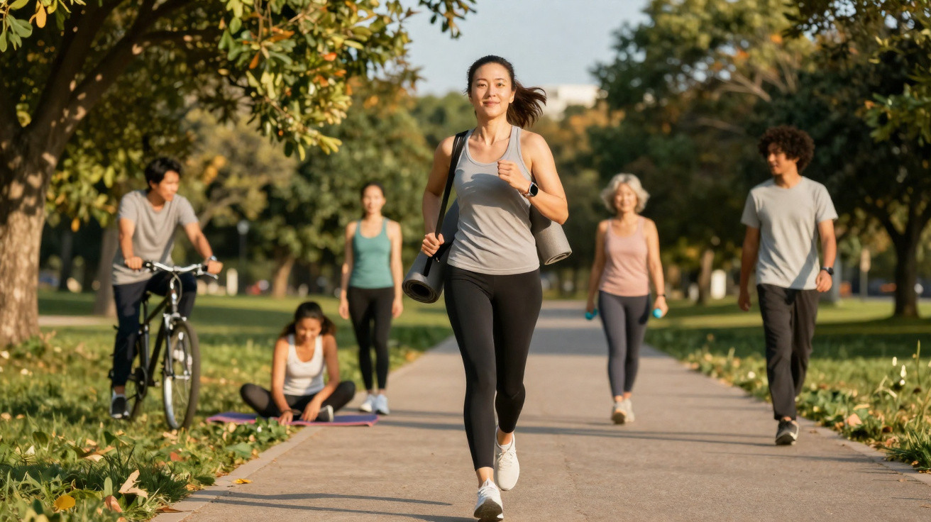 Gruppe unterschiedlicher Menschen beim Sport und Entspannen in einem sonnigen Park mit Bäumen und Gehweg.