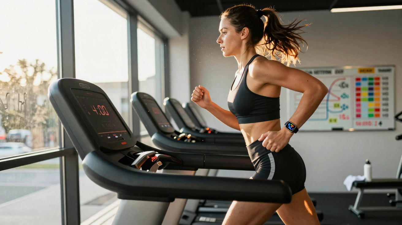 Frau läuft auf Laufband im Fitnessstudio an großen Fenstern in Sportkleidung mit Smartwatch am Handgelenk.