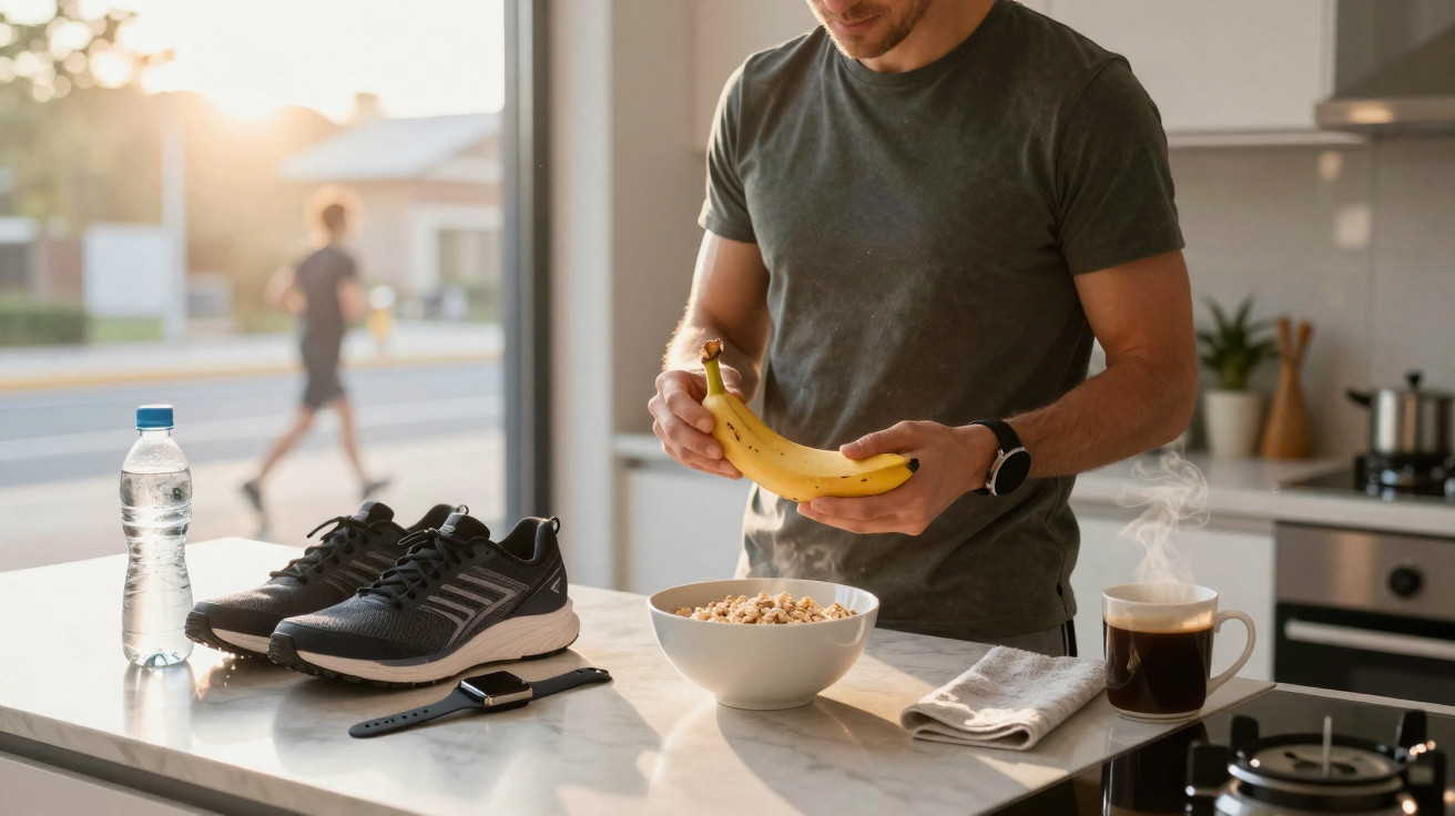Mann in Küche mit Laufschuhen, Wasserflasche, Schüssel Müsli, Banane und dampfendem Kaffee auf Arbeitsplatte.