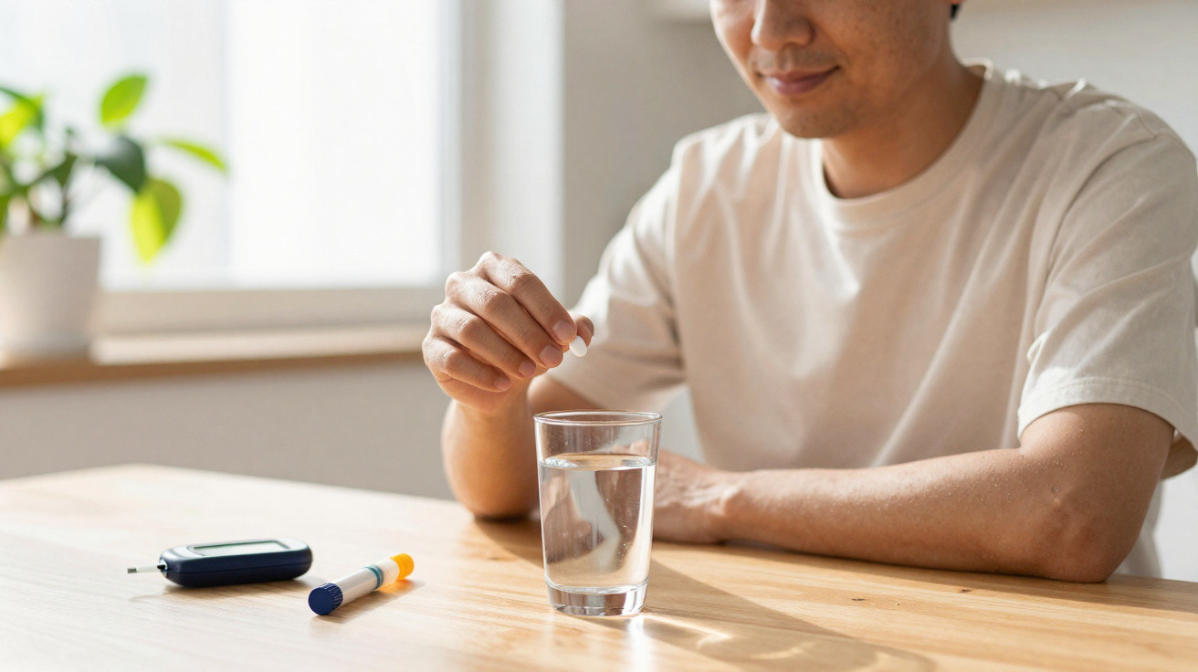 Mann nimmt eine Tablette mit einem Glas Wasser an einem Tisch, neben einem Blutzuckermessgerät und Insulinspritze.