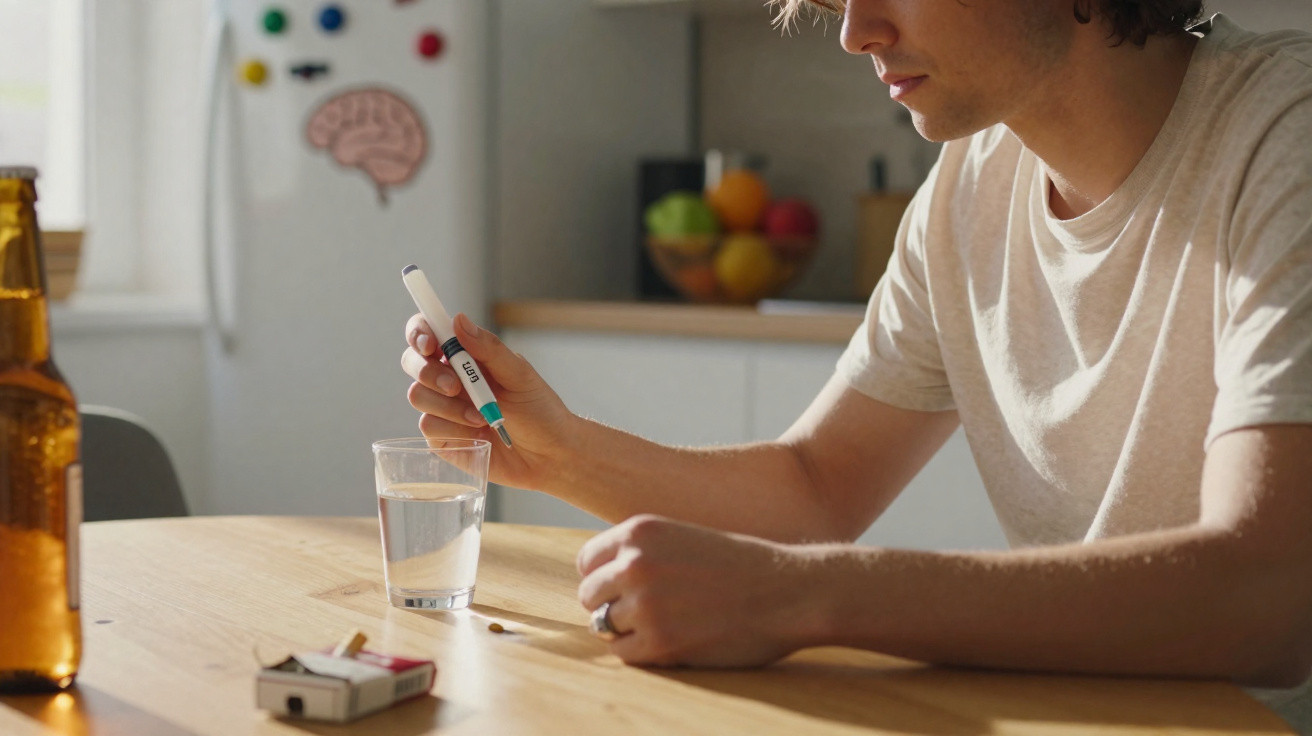 Junger Mann testet mit einem Covid-19-Schnelltest zu Hause Wasser im Glas auf einem Holztisch.