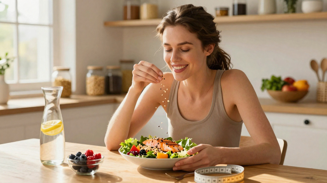 Frau sitzt an Holztisch und würzt frischen Salat mit Sesam in heller Küche.