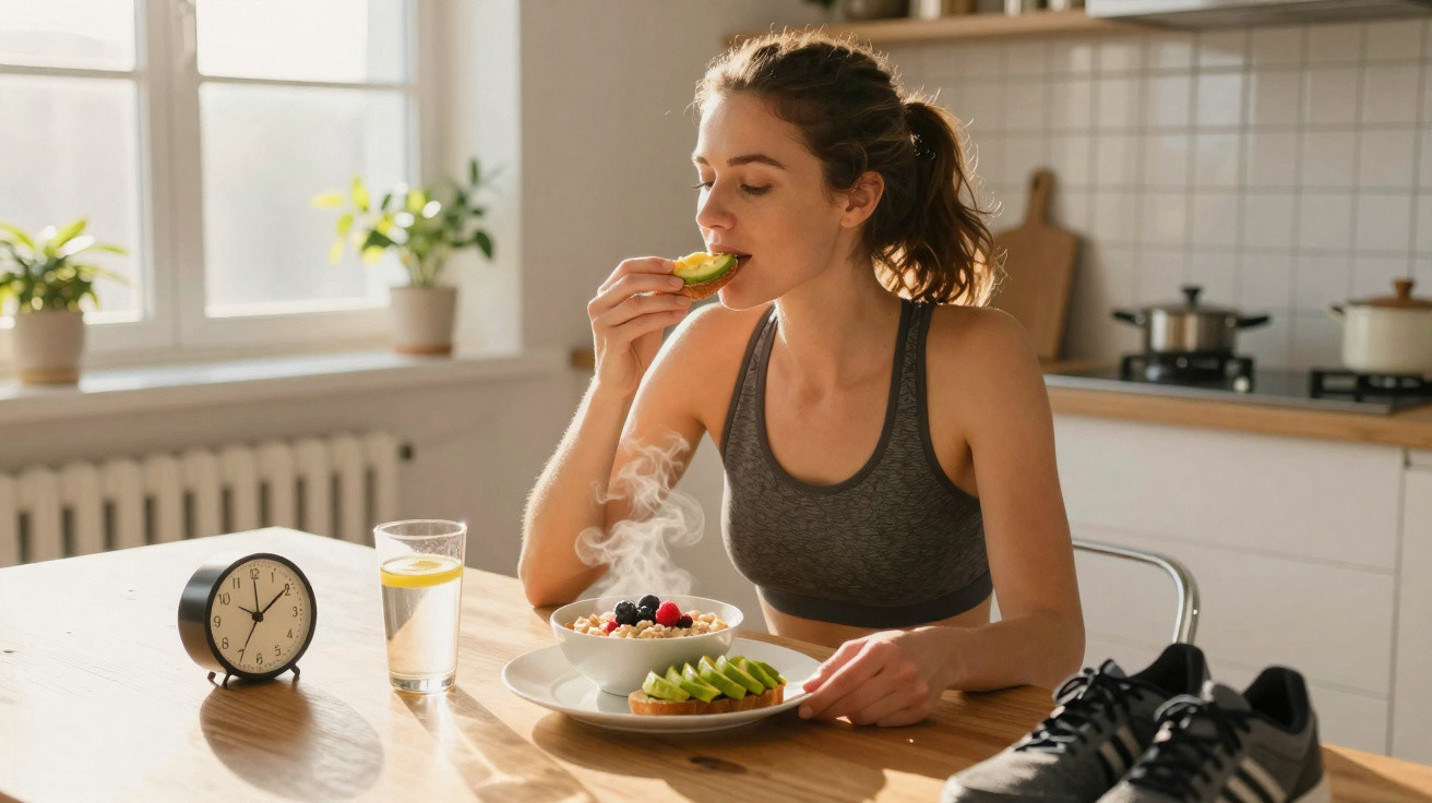 Frau in Sportkleidung isst Avocado und Müsli am Küchentisch mit Wasser und Laufschuhen.