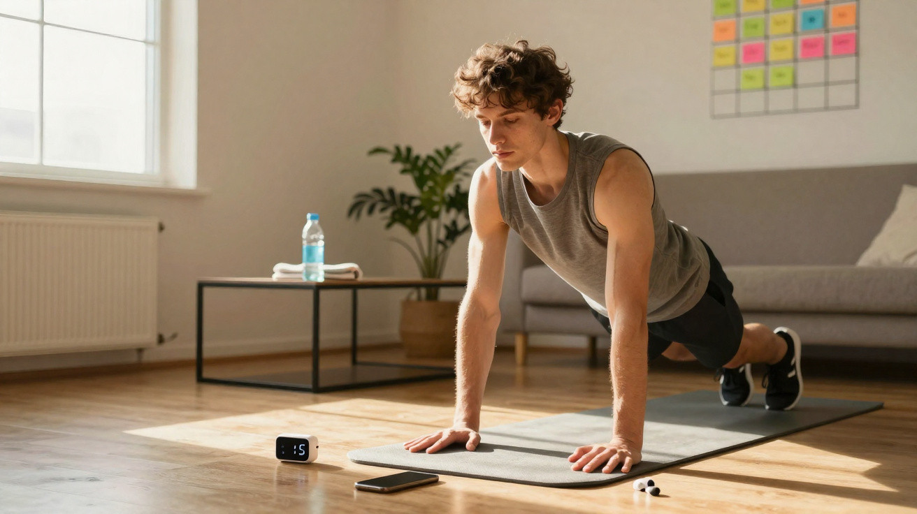 Mann macht Liegestütze auf Yogamatte in hellem Wohnzimmer mit Pflanzen und Sofa im Hintergrund.