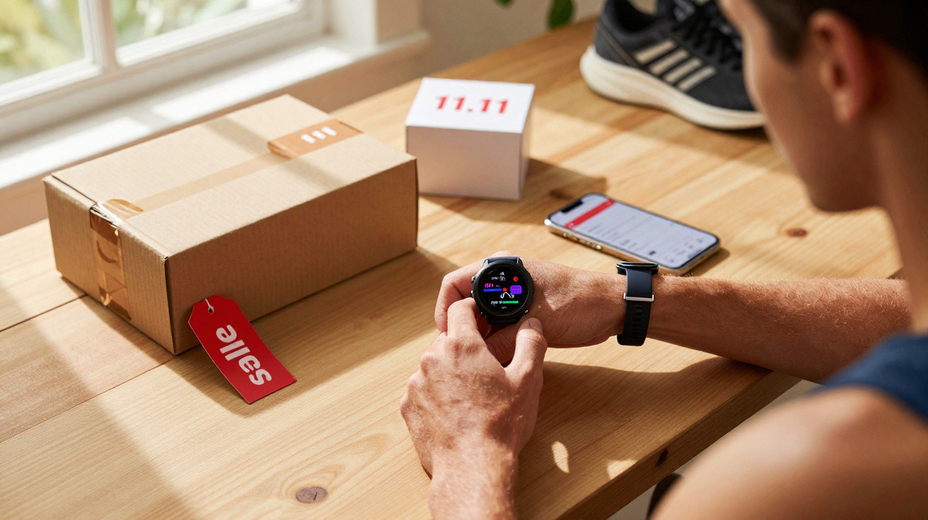 Mann sitzt am Holztisch mit Smartphone, Smartwatch, Paket mit rotem Sale-Anhänger und Kalenderblatt 11.11.