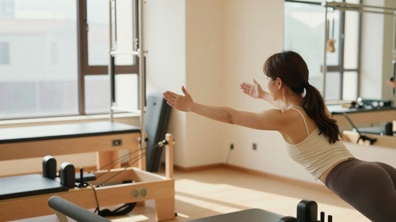 Frau beim Pilates-Training auf einem Reformer-Gerät in hellem Fitnessstudio mit großen Fenstern.