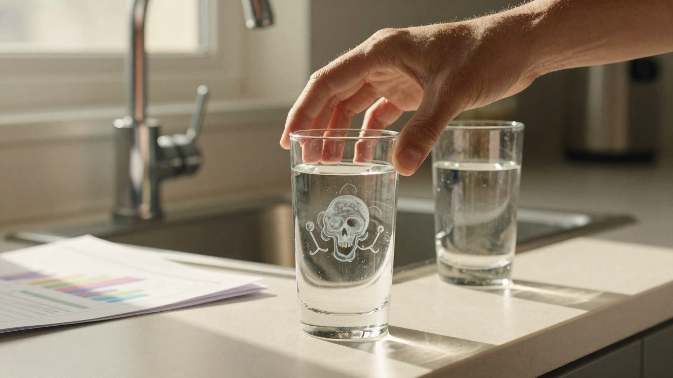 Hand greift nach Glas mit Wasser und Totenkopf-Logo in heller Küchenspüle, Dokumente liegen auf Theke.