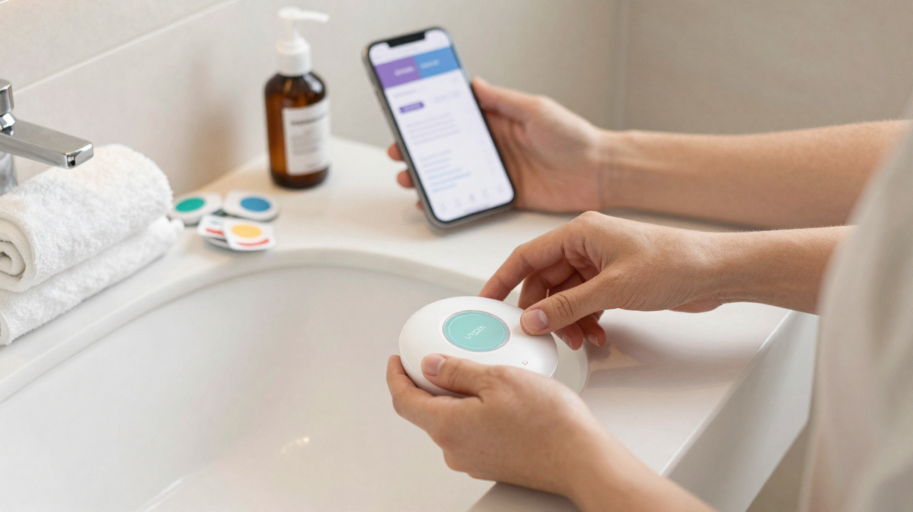 Person hält ein weißes medizinisches Gerät und ein Smartphone über einem Badwaschbecken mit Handseife und Handtüchern.