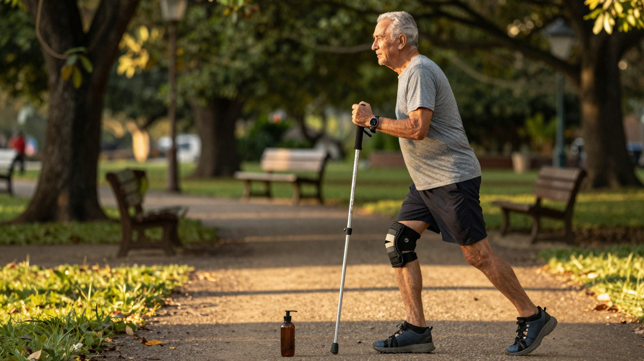 Älterer Mann macht im Park mit Gehstock und Kniebandage Dehnübungen auf einem sonnigen Weg.