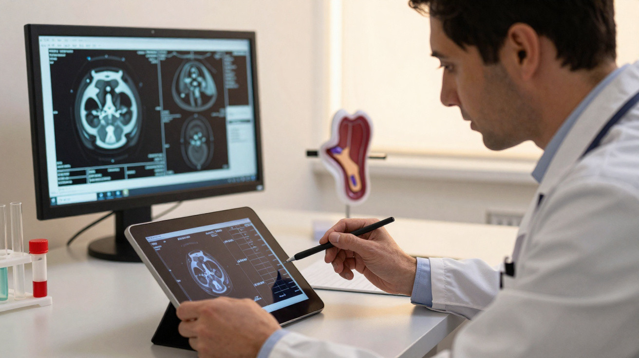 Arzt analysiert Kopf-CT-Bilder auf Tablet, im Hintergrund Computermonitor mit weiteren Scans.