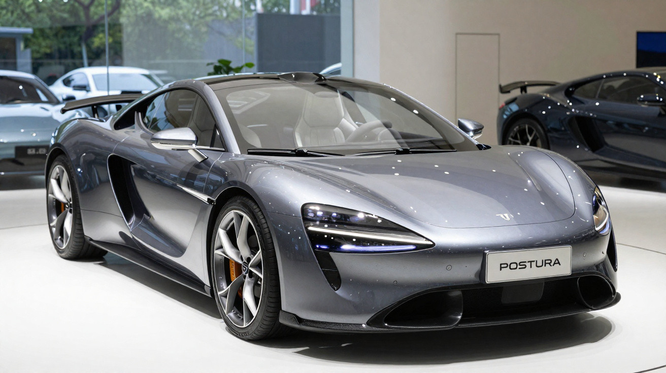 Grauer Sportwagen mit aerodynamischem Design und auffälligen LED-Scheinwerfern in hellem Ausstellungsraum.