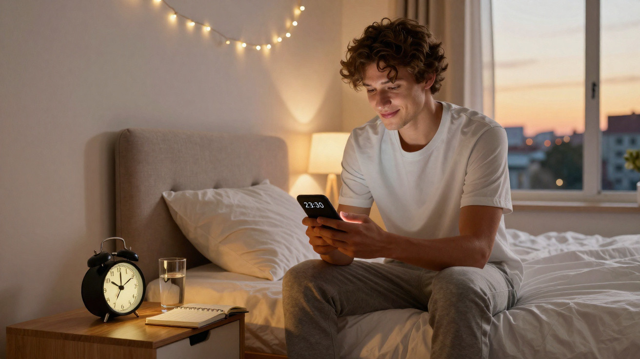 Junger Mann sitzt abends im Bett, schaut lächelnd auf sein Smartphone, Wecker zeigt 23:30 Uhr.