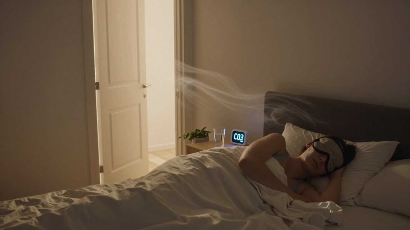 Person schläft mit Schlafmaske im Bett, geöffnete Tür mit frischer Luft und CO2-Messgerät auf Nachttisch sichtbar.