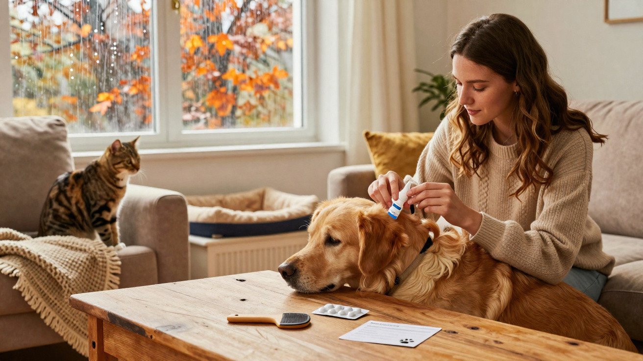Frau behandelt Golden Retriever mit Tropfen, während Katze auf Sofa im herbstlichen Wohnzimmer sitzt.