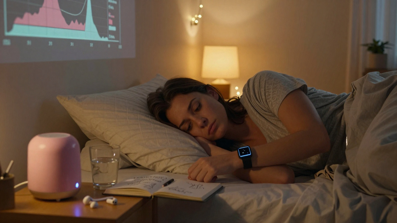 Frau liegt schlafend im Bett, neben ihr Nachtlicht, Glas Wasser, Notizbuch und Ohrhörer auf dem Nachttisch.