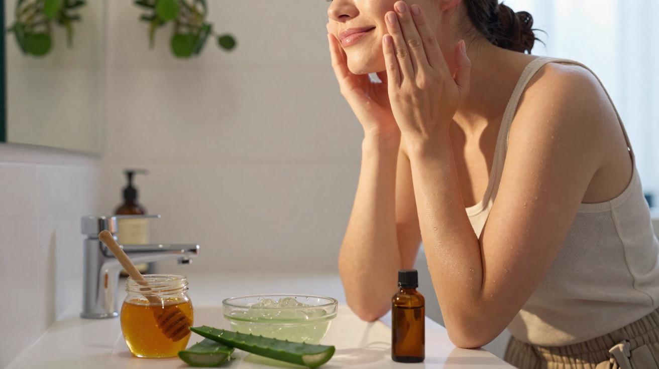 Frau pflegt ihr Gesicht mit Aloe Vera, Honig und Öl im Badezimmer, sichtbar entspannt und zufrieden.