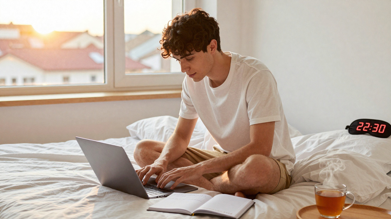Junger Mann sitzt auf Bett, arbeitet abends am Laptop, neben ihm Tee und Notizbuch auf weißer Bettdecke.