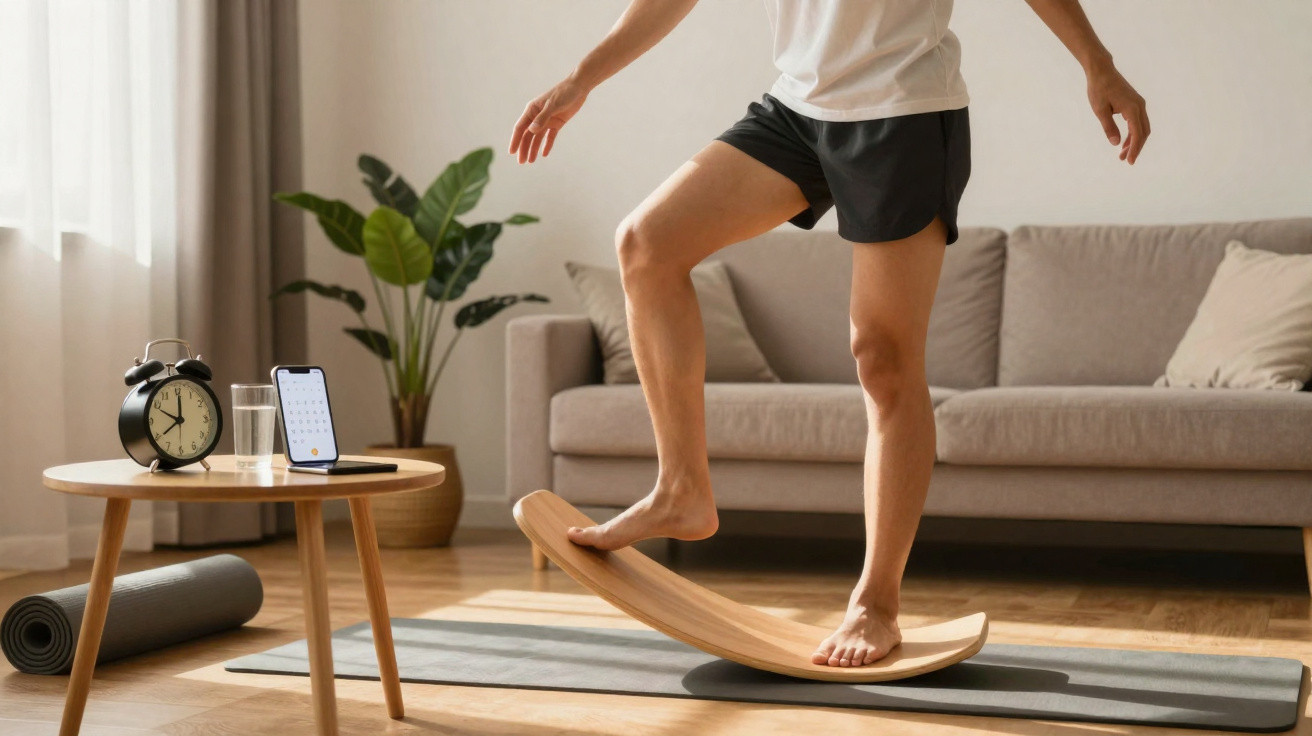 Person trainiert das Gleichgewicht auf einem Balancierbrett im Wohnzimmer neben Couch und Tablet.