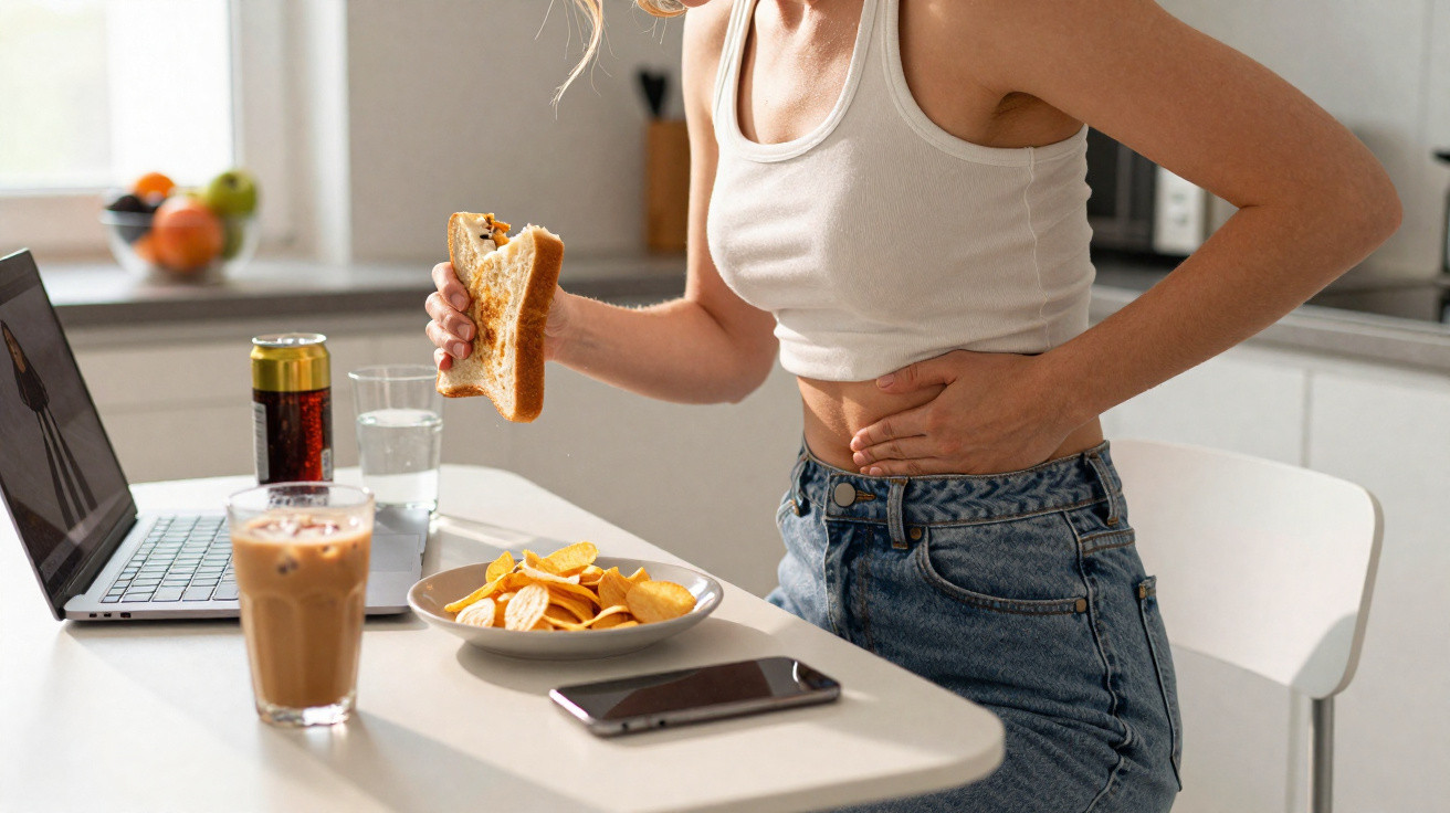 Frau hält Sandwich und fasst sich wegen Bauchschmerzen an die Seite, sitzt am Küchentisch mit Snacks und Laptop.