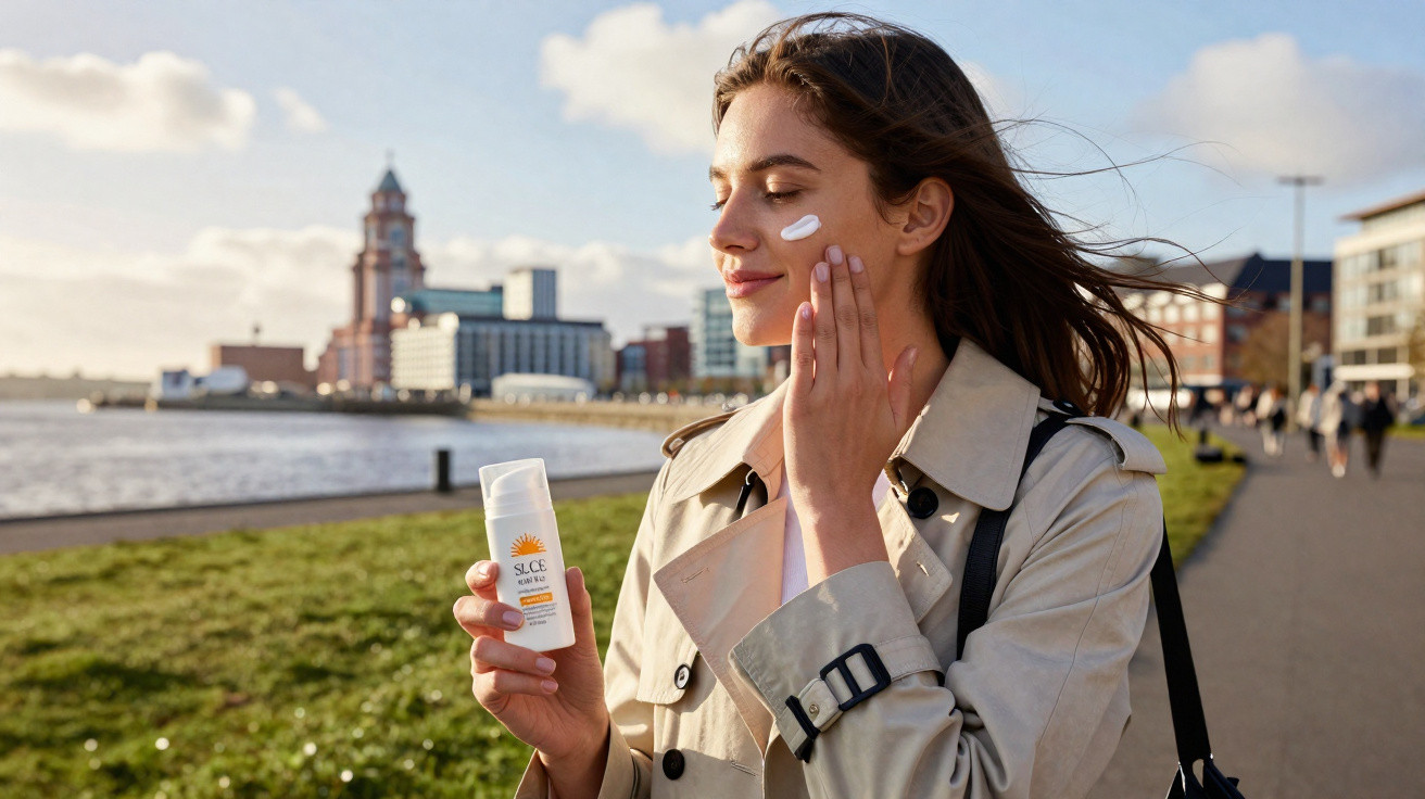 Frau trägt Sonnencreme auf Gesicht auf, stehend an einem Flussufer mit Stadt im Hintergrund bei Sonnenlicht.