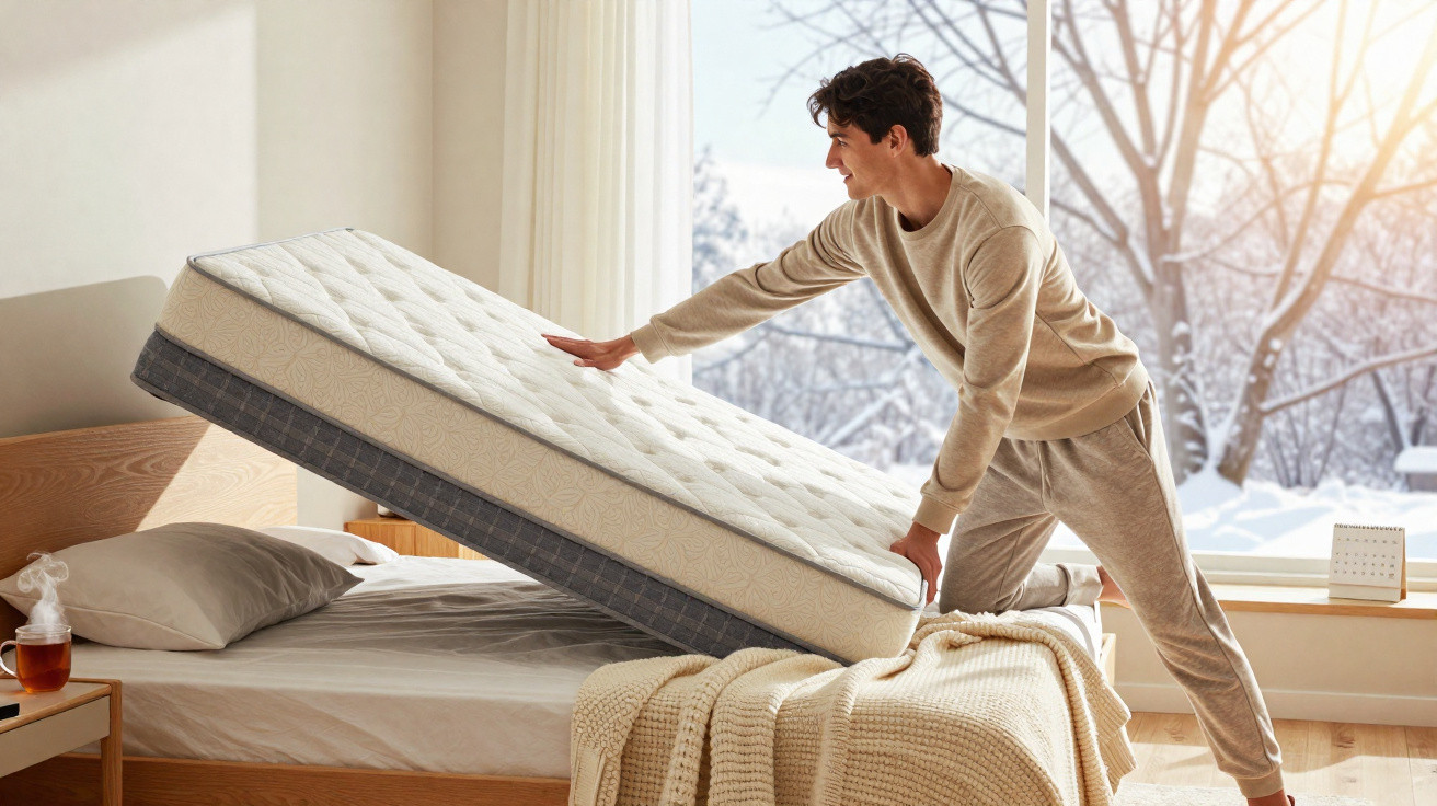 Junger Mann hebt Matratze in hellem Schlafzimmer mit großem Fenster und Winterlandschaft draußen hoch.