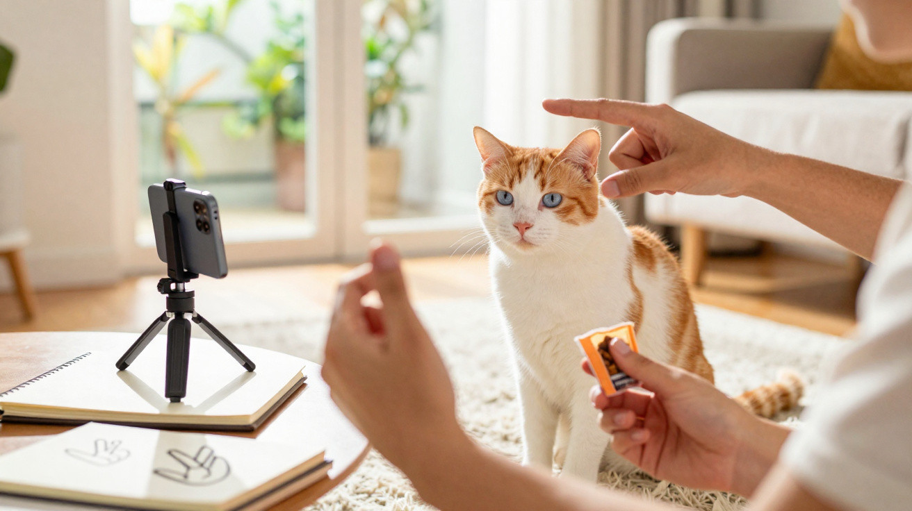 Mensch filmt eine rot-weiße Katze mit Smartphone auf Stativ in hellem Wohnzimmer.