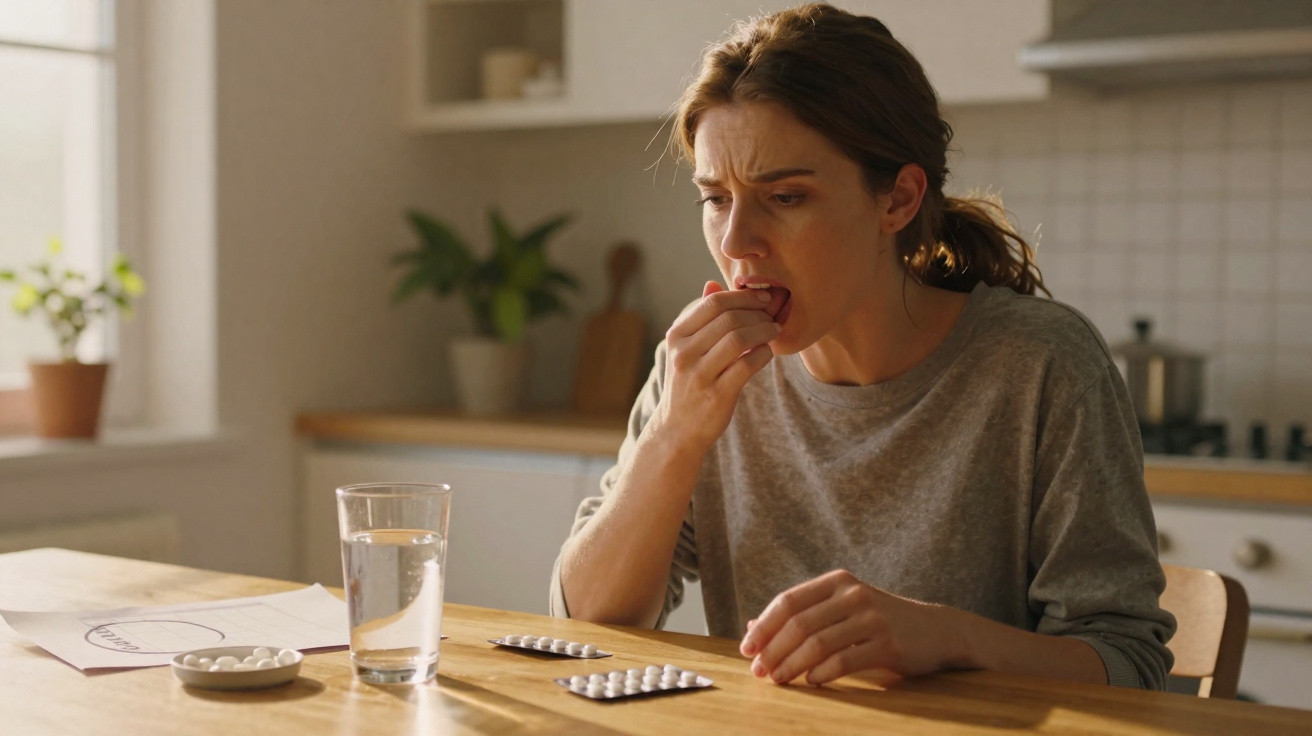 Frau nimmt Tablette in der Küche ein, neben ihr liegen weitere Tabletten und ein Glas Wasser.