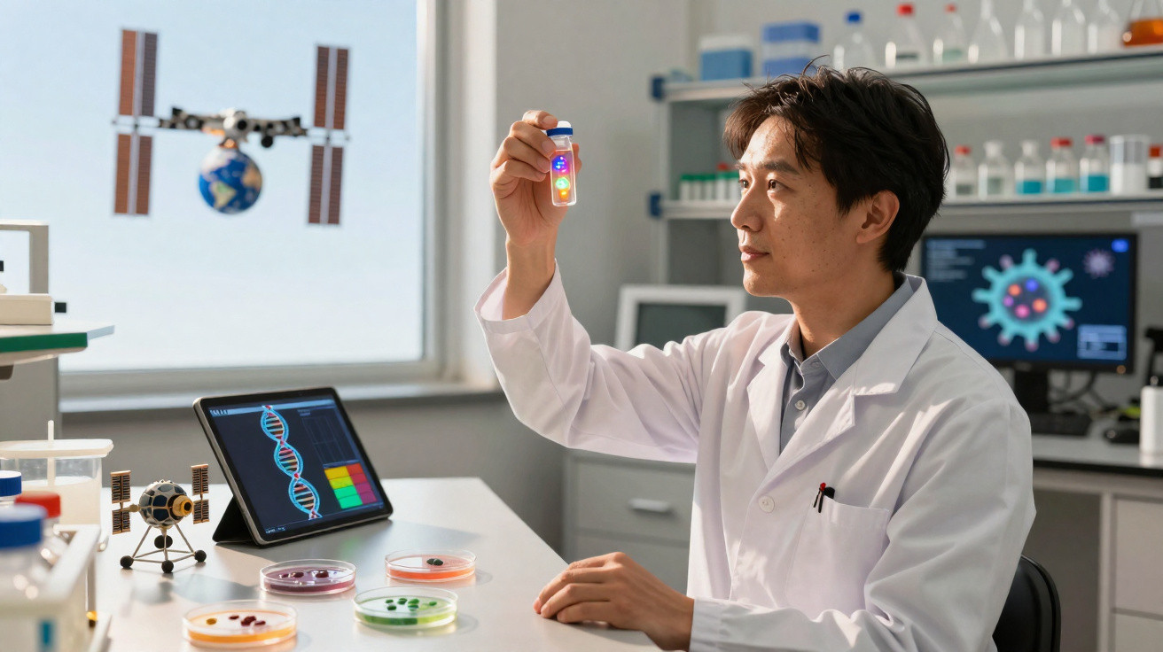 Wissenschaftler im Labor analysiert Reagenzglas, umgeben von DNA-Grafik und Weltraummodellen auf dem Tisch.