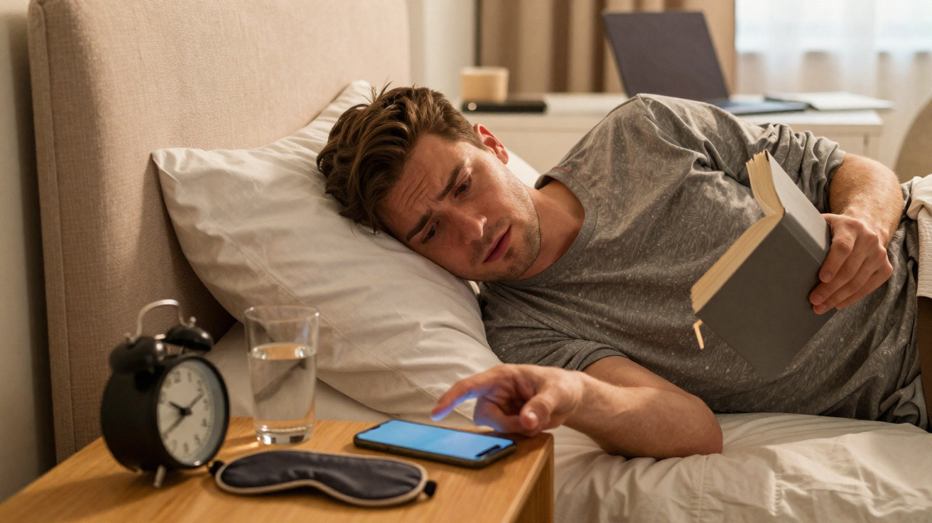 Mann liegt mit Buch im Bett und reicht müde nach Handy auf Nachttisch mit Wecker, Wasser und Schlafmaske.