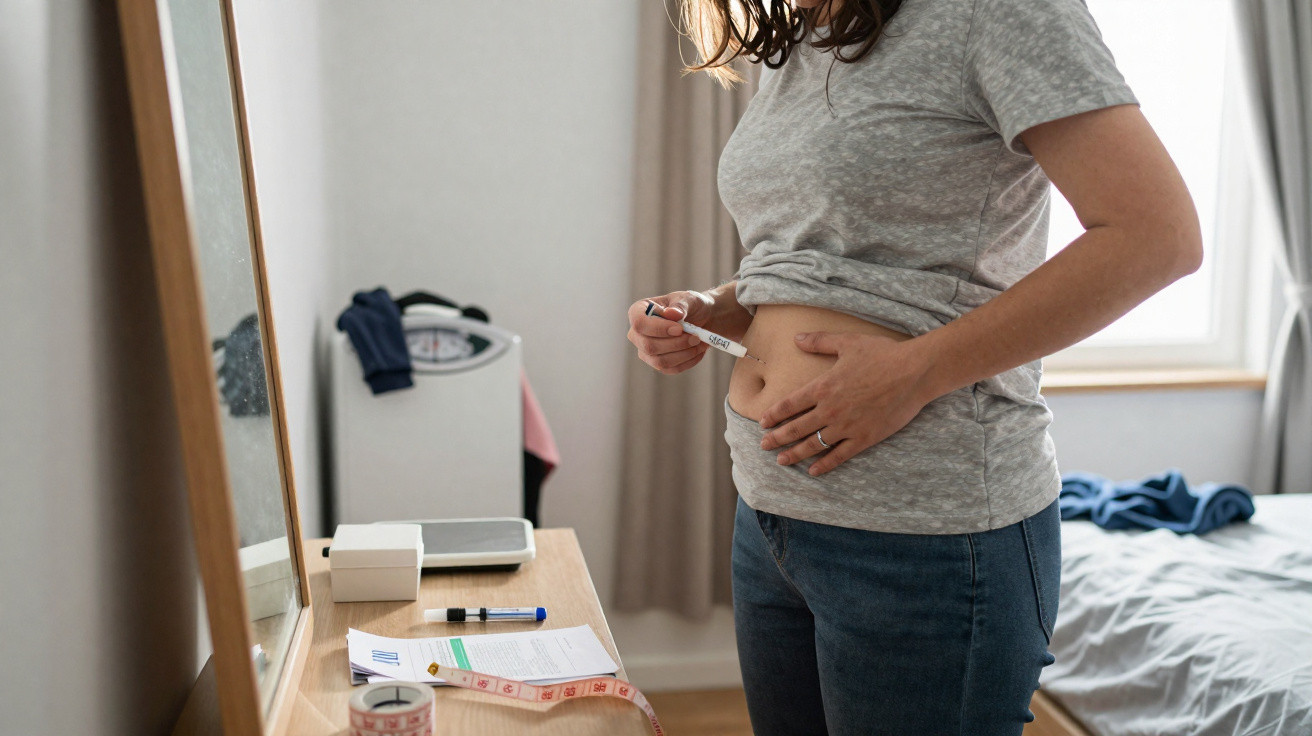 Frau hält Schwangerschaftstest an Bauch in Schlafzimmer mit Spiegel und Zubehör auf Kommode.