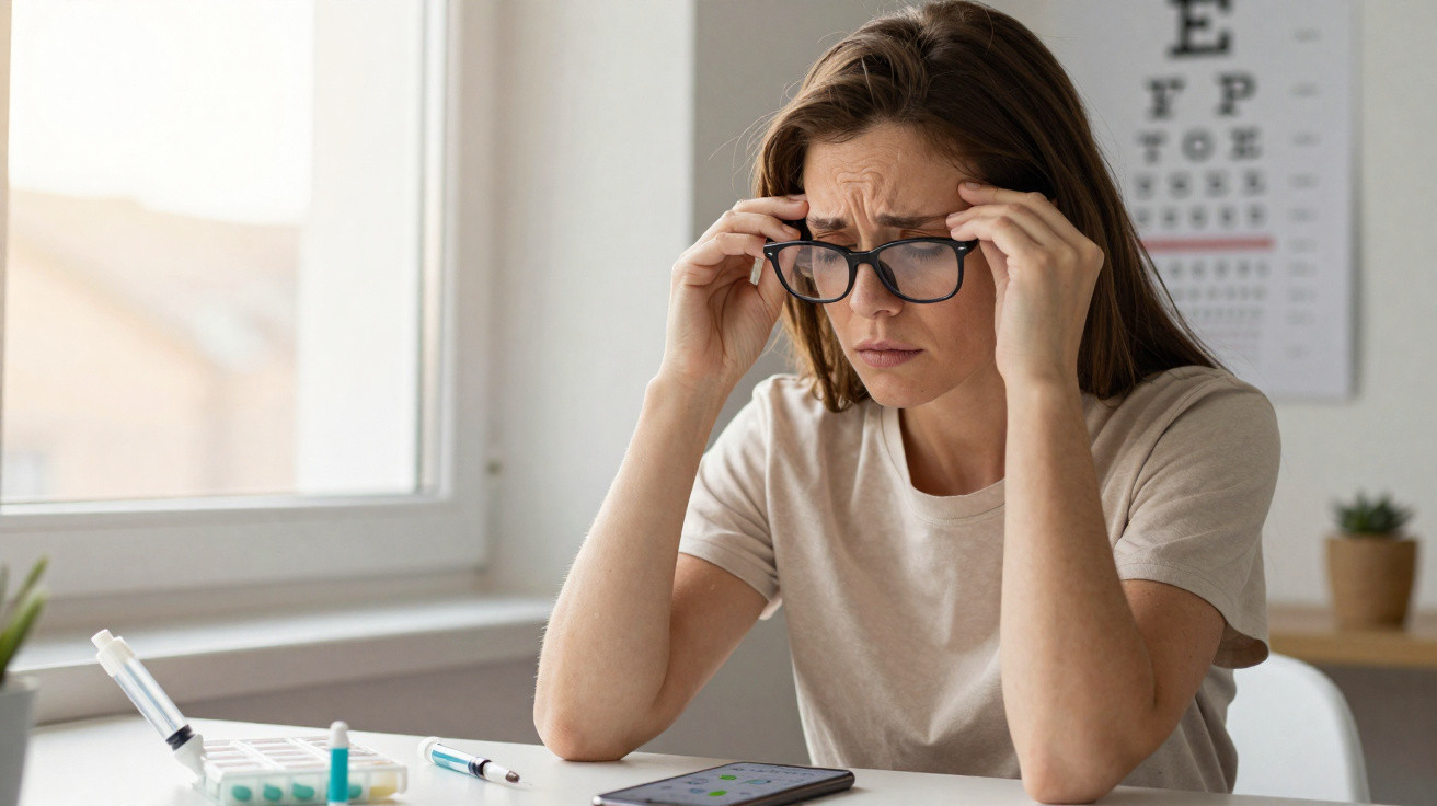 Junge Frau mit Brille hält sich die Schläfen vor einem Sehtest und Medikamenten am Tisch in hellem Raum.