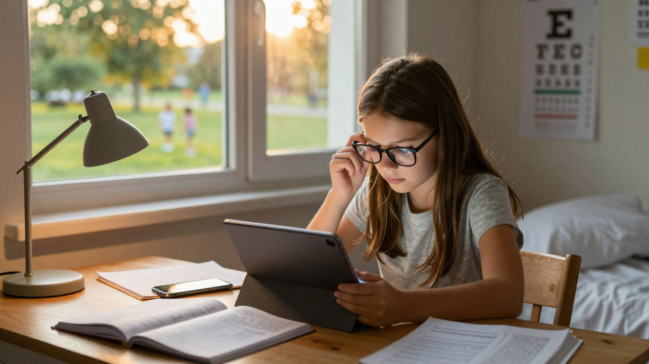 Mädchen mit Brille lernt am Schreibtisch bei Tageslicht mit Tablet und Büchern vor dem Fenster.