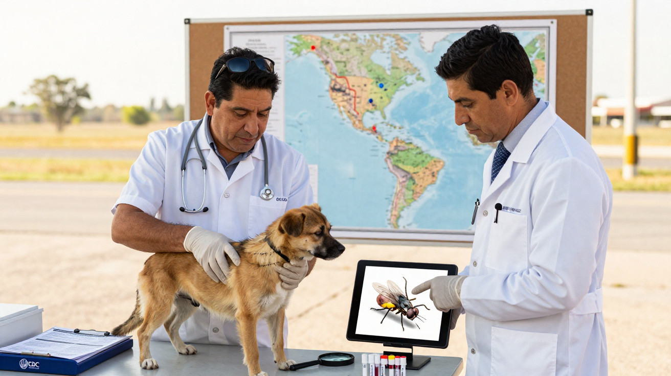Zwei Tierärzte untersuchen einen Hund, im Hintergrund Karte Amerikas, Tablet zeigt Nahaufnahme einer Fliege.