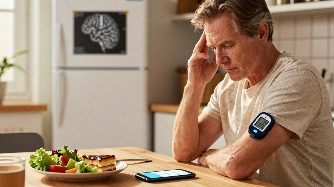 Mann sitzt nachdenklich am Tisch mit Blutzuckermessgerät am Arm und Smartphone vor sich, Salat und Kuchen auf dem Tisch.