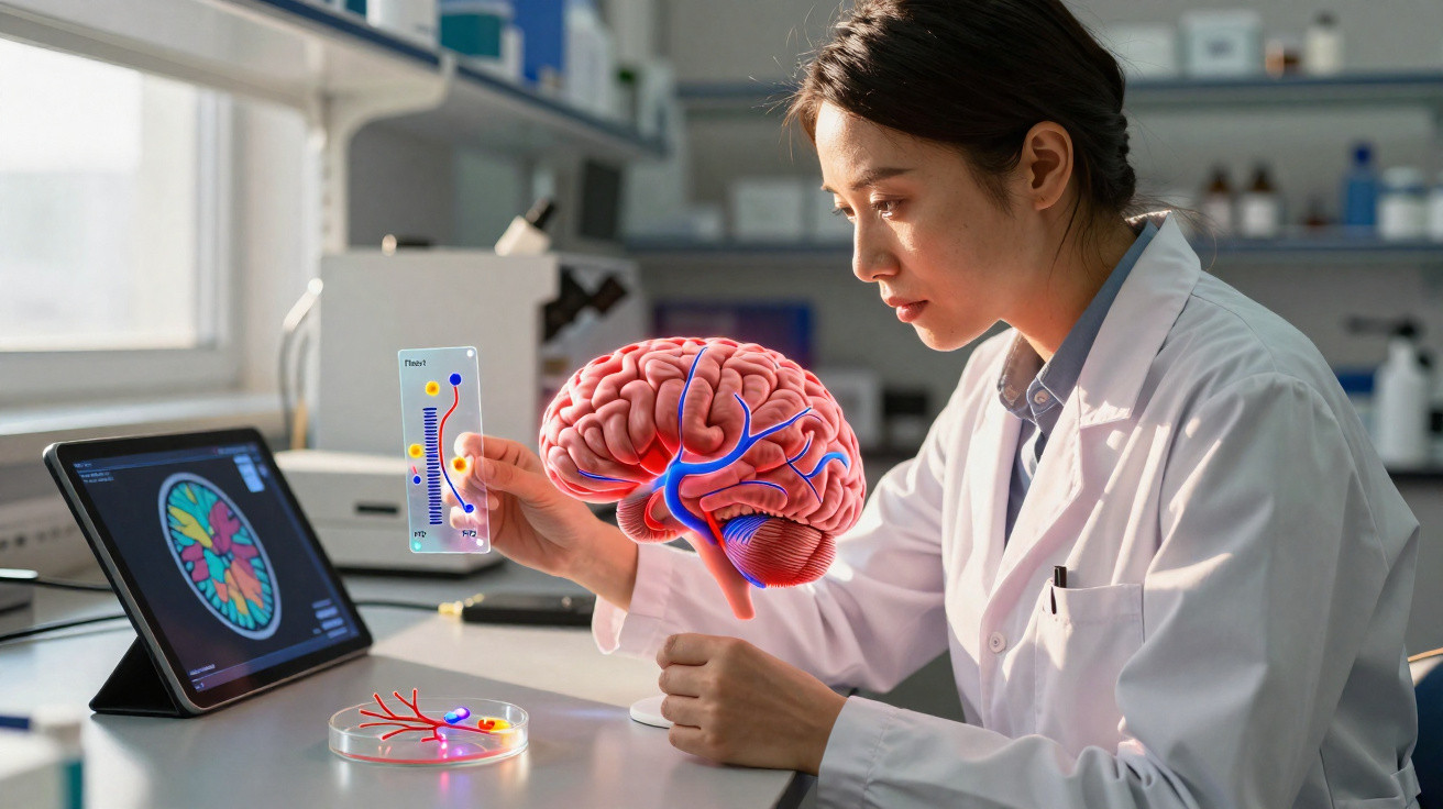Wissenschaftlerin im Labor analysiert holografisches 3D-Modell eines Gehirns und neurologische Daten.
