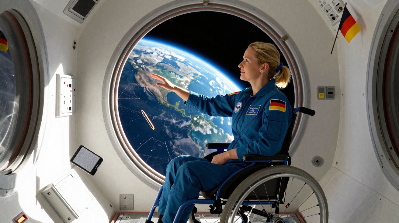 Astronautin im Rollstuhl blickt aus Raumschiff-Fenster auf die Erde mit deutschem Flaggenabzeichen.