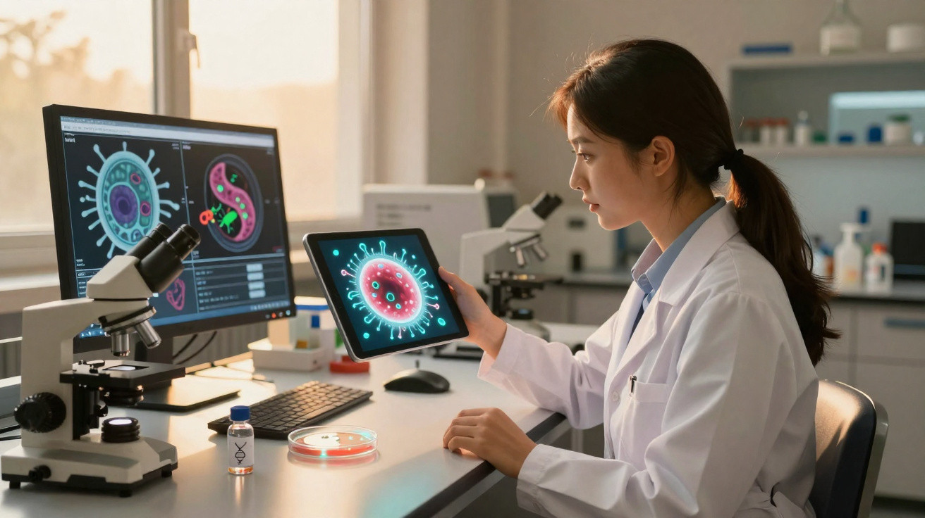 Wissenschaftlerin analysiert Virusbilder auf Tablet und Bildschirm im Labor mit Mikroskopen und Reagenzgläsern.