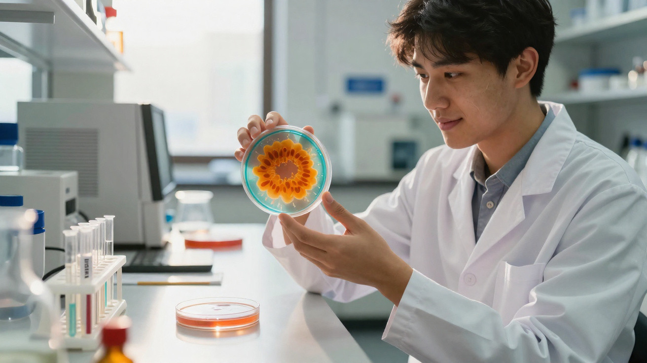 Wissenschaftler untersucht Petrischale mit buntem bakteriellen Wachstum im Labor.